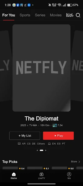 Netfly Mobile app streaming interface with live TV